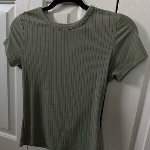 Green Ribbed Crop Top with Cuffed Sleeves